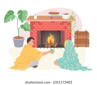 Couple wrapped in blanket sitting on home floor front of fireplace drinking hot beverage in living room vector illustration. Cold winter season, keep warm concept