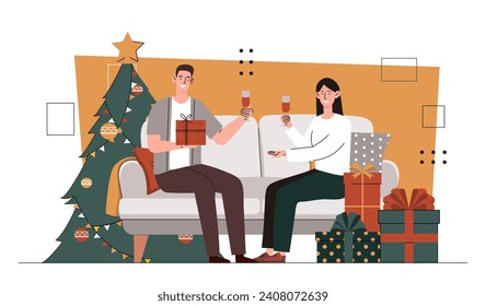 Couple in Xmas time. Man and woman with glasses of wine, alcoholic drinks. Pair sitting home in Christmas and Noel Eve. Guy and girl with gift boxes, presents. Cartoon flat vector illustration