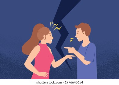 Couple yelling and pointing finger at each other. Couple conflict, quarrel, divorce. Flat vector design