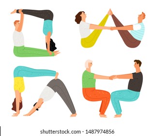 Couple yoga poses. Man and woman yoga partners postures set, girls and men couples flexibility and stretch exercises, healthy sport practices vector illustration