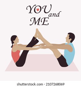 Couple in yoga position. Yoga Valentine's Day. You and me. Flat vector illustration. 