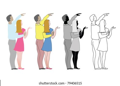 Couple, young adults, family standing embraced and pointing at what you want them to point. Design elements.