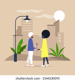 A couple of young adults on a romantic date in a park with a cityscape, modern interracial relationships