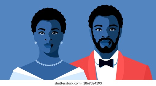 Couple of young Africans, full face portraits. Bearded man in tuxedo and bow tie. Beautiful woman in evening dress and necklace. Vector illustration