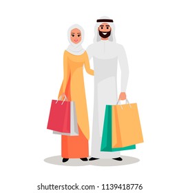 Couple Of Young Arabian People With The Packages. Happy Arab Family Is Shopping. Joy Moslem Woman And Man Holding Shopping Bags. Vector Illustration Isolated From Background 