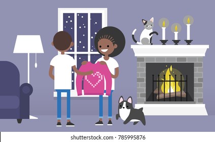 A couple of young black characters celebrating Saint Valentines day. Decorated guest room with a fireplace. Pets. Cozy interior. Flat editable vector illustration, clip art