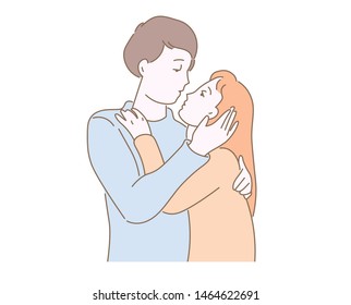 Couple young boy and girl hugging and kissing. Positive relationship. Happiness with beloved. Boyfriend and girlfriend understanding each other. Flat cartoon vector illustration