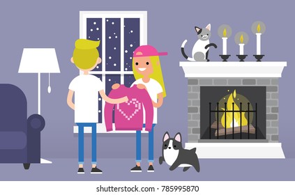 A couple of young characters celebrating Saint Valentines day. Decorated guest room with a fireplace. Pets. Cozy interior. Flat editable vector illustration, clip art