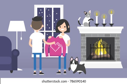 A couple of young characters celebrating Saint Valentines day. Decorated guest room with a fireplace. Pets. Cozy interior. Flat editable vector illustration, clip art