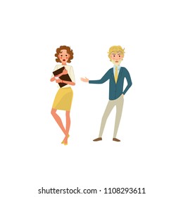 Couple of young elegant man and woman. Businesswoman and businessman. Flat vector illustration. Cartoon style.