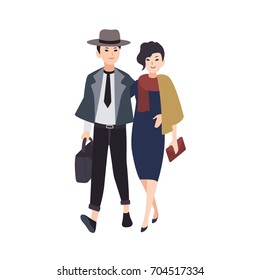 Couple Of Young Elegant Man And Woman Dressed In Evening Wear Walking Together. Pair Of Stylish Hipsters Going On Festive Party. Flat Vector Illustration.