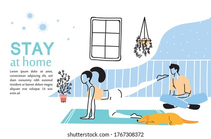 couple young exercising at home vector illustration desing