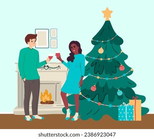 A couple, a young family, friends or relatives celebrate Christmas and New Year together.