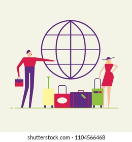 Couple of young female and male people. Man and woman with luggage are going to travel flat style abstract minimal vector illustration. Man choose the direction of traveling on the globe.
