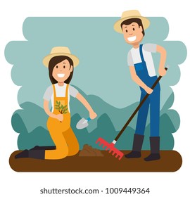 Couple Young Gardeners Doing Gardening Work Stock Vector (Royalty Free ...