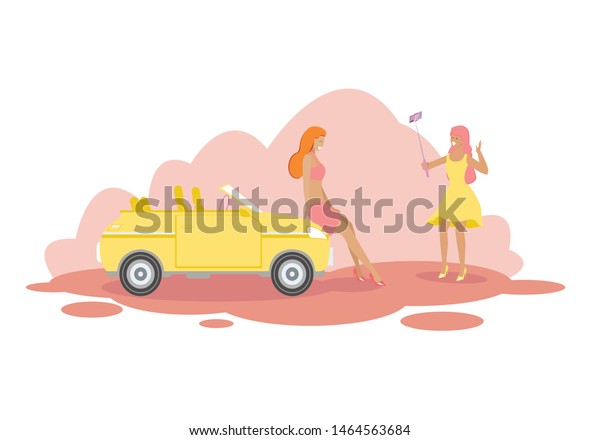 Couple of Young Girl Friends Stand near\
Modern Yellow Cabriolet Car Making Selfie and Talking. Traveling\
Women, Summer Vacation, Leisure, Weekend, Female Friendship.\
Cartoon Flat Vector\
Illustration