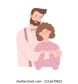 Сute couple of young girl and guy in fashionable outfits hugging. Love, romance, valentine day concept. Vector illustration isolated on white background
