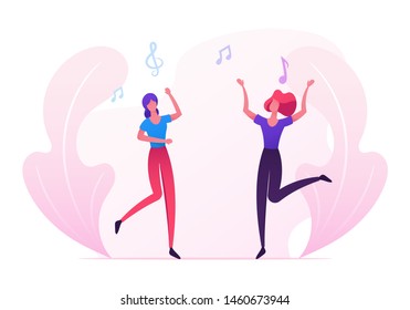 Couple of Young Girls Visit Music Event or Concert, Women Fans Cheering, Dancing and Jumping with Hands Up, Friends Having Fun, Leisure, People Clubbing in Night Club. Cartoon Flat Vector Illustration