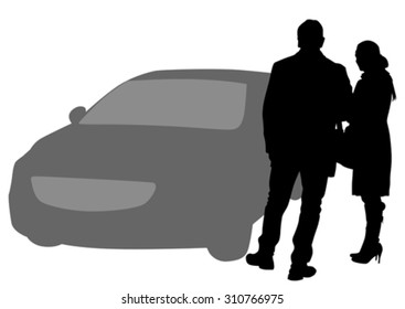 Couple of young guy and girl and car on white background