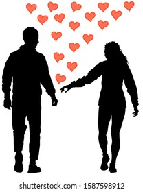 Couple of young guy and girl whit hearts. Silhouettes of people on a white background