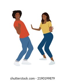 Couple of young happy dancing people or male and female dancers isolated on white background. Smiling young man and woman enjoying dance party. Colorful vector illustration in flat cartoon style.