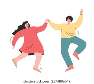 A couple of young happy people are dancing merrily. The guy and the girl are actively moving together, rejoicing. Vector flat graphics.