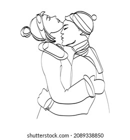 Couple of young happy people woman and man hugging, hand drawn sketch isolated on white background.Vector outline illustration of lovers in warm clothes and hats, kissing