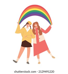 Couple young happy woman holds an LGBT flag. The concept of the LGBT community. LGBT Pride Month. Gay pride parade. Human rights, against discrimination, injustice. Cartoon vector illustration.