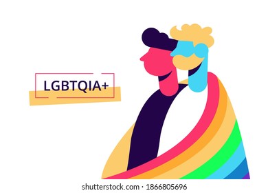Un par de jóvenes personajes de abrazos cubiertos con la bandera arcoíris LGBTQ, relaciones entre personas del mismo sexo, diversidad y derechos humanos