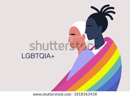 A couple of  young hugging characters covered with the LGBTQ+ rainbow flag, same-sex relationships, diversity and human rights