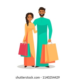 Couple of young Indian people with the packages. Happy indian family is shopping. Joy woman and man holding shopping bags. Vector illustration isolated from background 