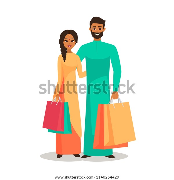 Couple Young Indian People Packages Happy Stock Vector (Royalty Free ...