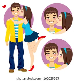 Couple of young lovers, cute girlfriend hugging and kissing happy smiling boyfriend