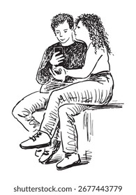 Couple young loving people using smartphone, sitting on park bench,  sketch, vector hand drawing, white background