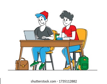 Couple of Young Male and Female Students Characters Sitting at Desk in Classroom Listening and Writing Lecture. Gaining Knowledge and Higher Education, Examination. Linear People Vector Illustration