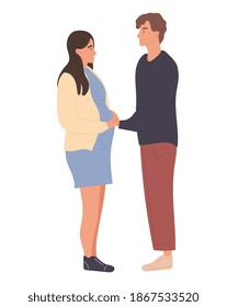 Couple of young man and pregnant woman. Husband touching wifes belly. Cartoon colorful characters. Concept of motherhood, maternity, parenthood. Flat cartoon vector illustration