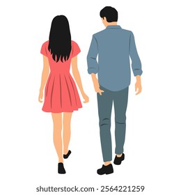  Couple of young man and woman, back view, different colors, cartoon character, group of silhouettes of walking business people, students, design concept of flat icon, isolated on white background