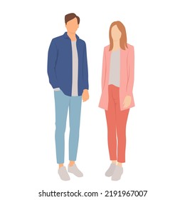  Couple of young man and woman, different colors, cartoon character,  silhouettes of standing business people, students, the design concept of flat icon, isolated on white background