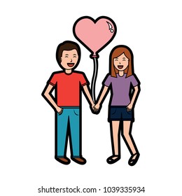 couple of young man and woman hold hands witn heart balloon
