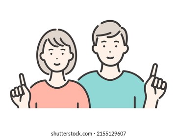 A couple of young man and woman. A pose explained by pointing.
