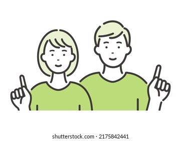 A couple of young man and woman. A pose explained by pointing.