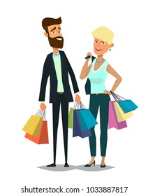 Couple of young man and woman with shopping bags, cartoon vector illustration on background with place for text. Full length portrait of young pretty girl, woman and handsome man doing shopping