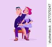 Couple young man and woman sitting on chair. Girl sit on male knees posing for camera, boyfriend and girlfriend characters dating, sfamily pend time together, loving pair, Cartoon vector illustration