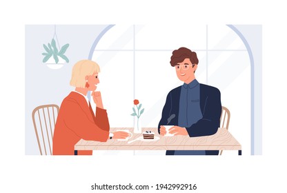 Couple of young man and woman sitting and talking in modern cafe on date. Meeting of two people for cup of coffee in cafeteria. Colored flat vector illustration isolated on white background