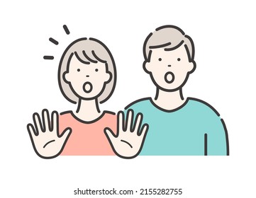 A couple of young man and woman. A surprised pose with both hands open.