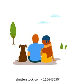 couple, young man, woman and their dog sit hug enjoying nature isolated vector graphic scene