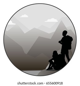 Couple - young man and woman - walking on a mountain trail and looking at a horizon. Adventure travel. Summer vacation. Around the world. Vector black and white illustration with silhouettes.