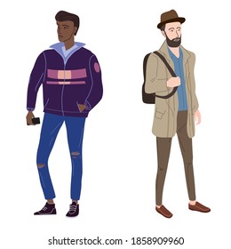 Pareja Jóvenes estudiantes hombres negros y blancos con ropa moderna de otoño moderna. Personajes casuales de moda al estilo de las calles. Ilustración aislada del vector de estilo cartográfico plano