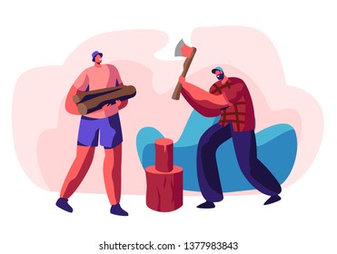 Couple of Young Men Chopping Wood. Bearded Guy with Ax in Hands Trying to Cut Log, Friend Holding Timbers. People Spend Time Outdoors on Nature. Active Lifestyle. Cartoon Flat Vector Illustration