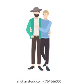 Couple of young men dressed in modern clothing standing together, embracing and smiling. Cute gay couple. Male cartoon characters isolated on white background. Colorful flat vector illustration.